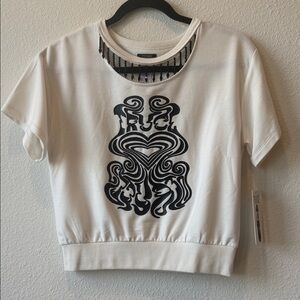 White Graphic T-Shirt with Black Design and bead detail